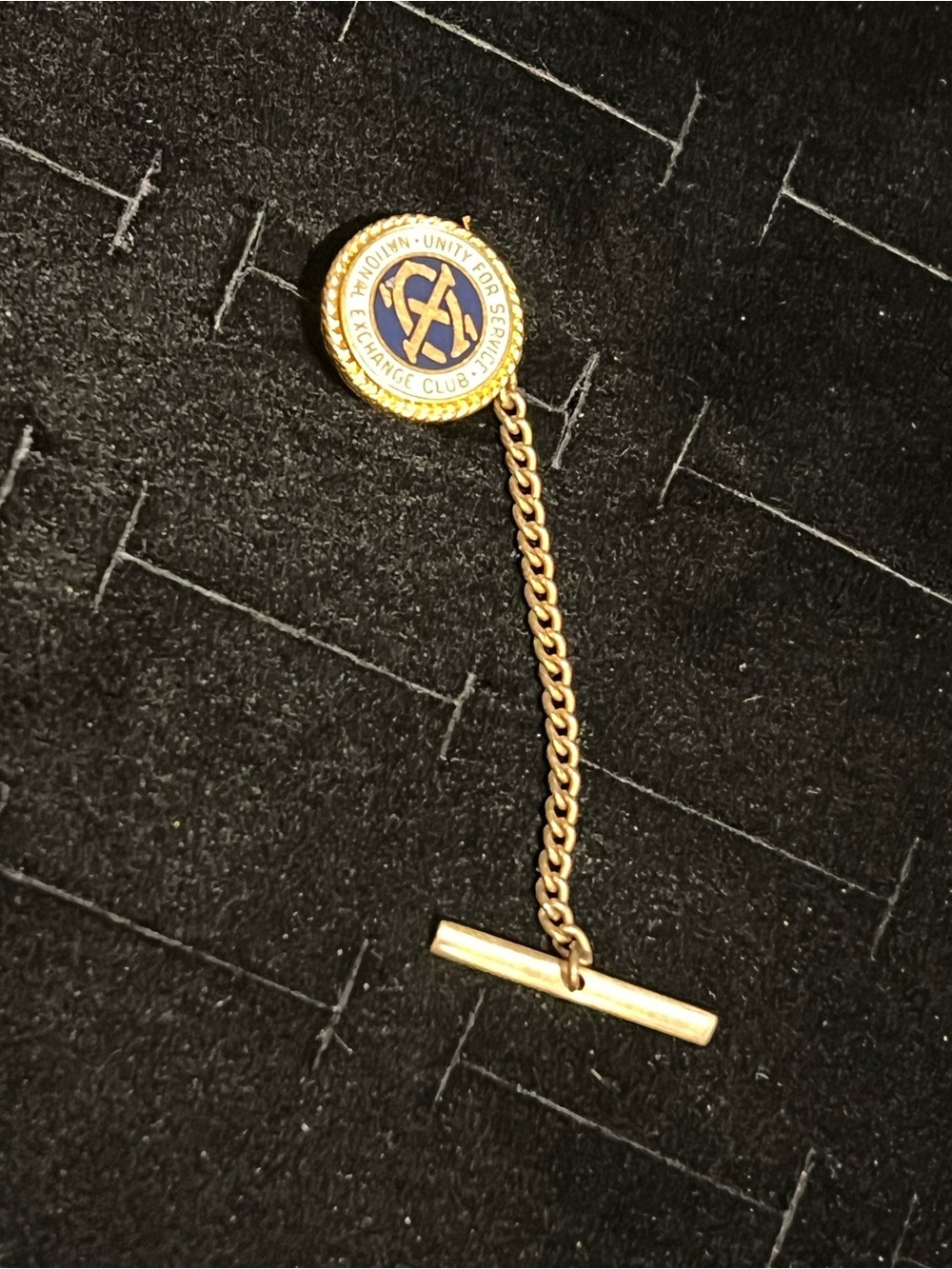 Vintage Unity fir service Gold Tone Blue Enamel Tie Tack with Chain